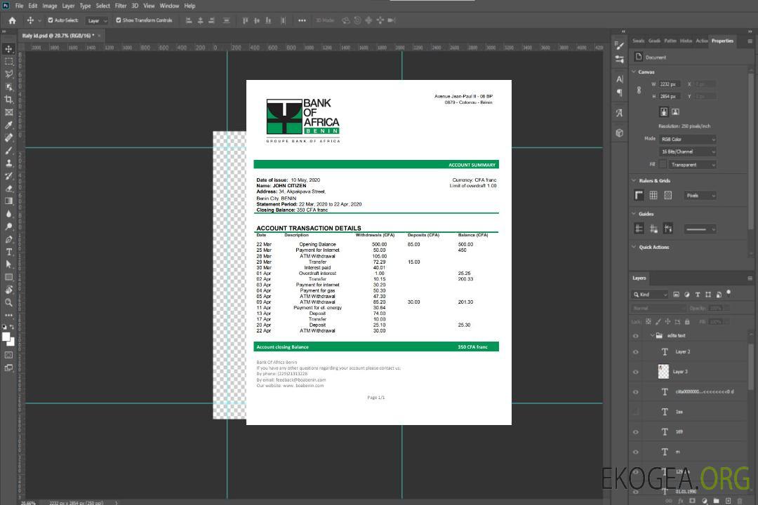 Relevé bancaire de la Bank of Africa du Bénin template Relevé bancaire de la Bank of Africa du Bénin template